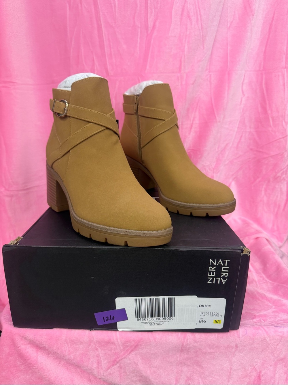 Naturalizer Tan Lug Sole Ankle Booties with Buckle Strap
